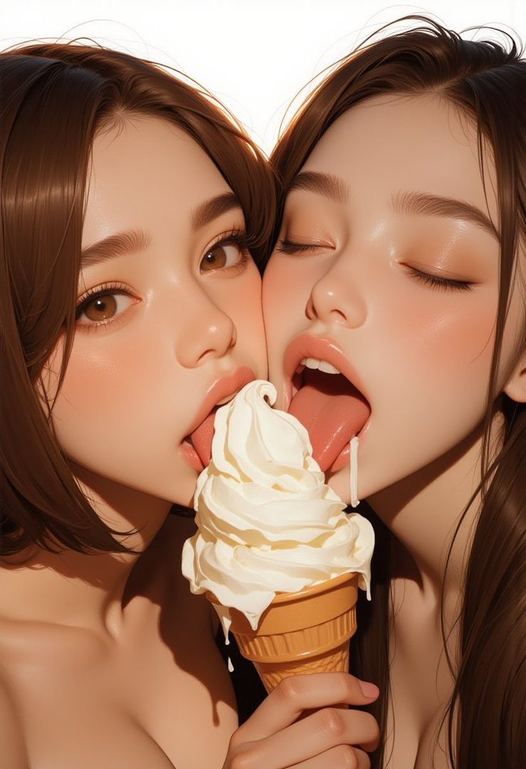 Two young women with brown hair sharing an ice cream cone, licking it suggestively.