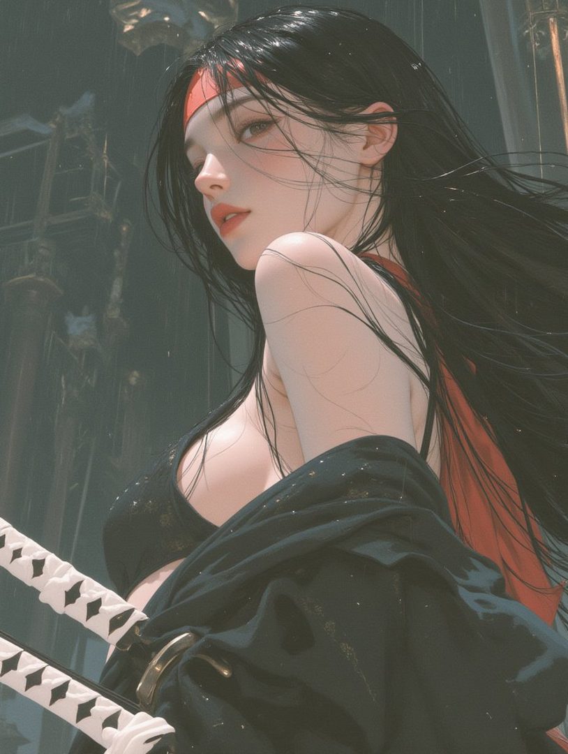 A beautiful AI-generated portrait of a young woman with long black hair, wearing a red headband and a black outfit, holding a katana.