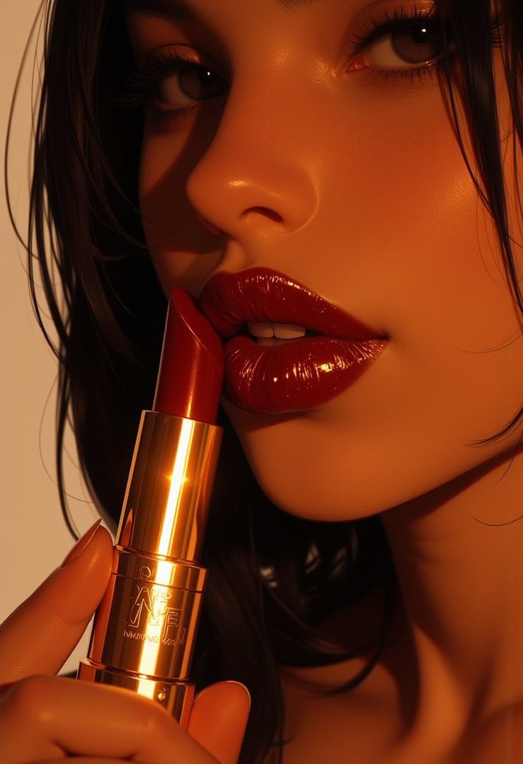 Close-up portrait of a beautiful AI model with glossy red lipstick, holding a golden lipstick tube.