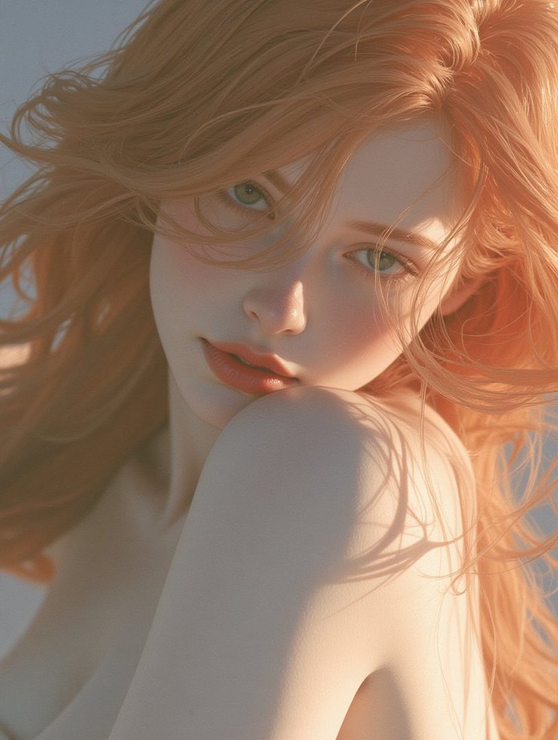 A photorealistic portrait of a young woman with long, flowing red hair and striking green eyes, bathed in soft, warm light.