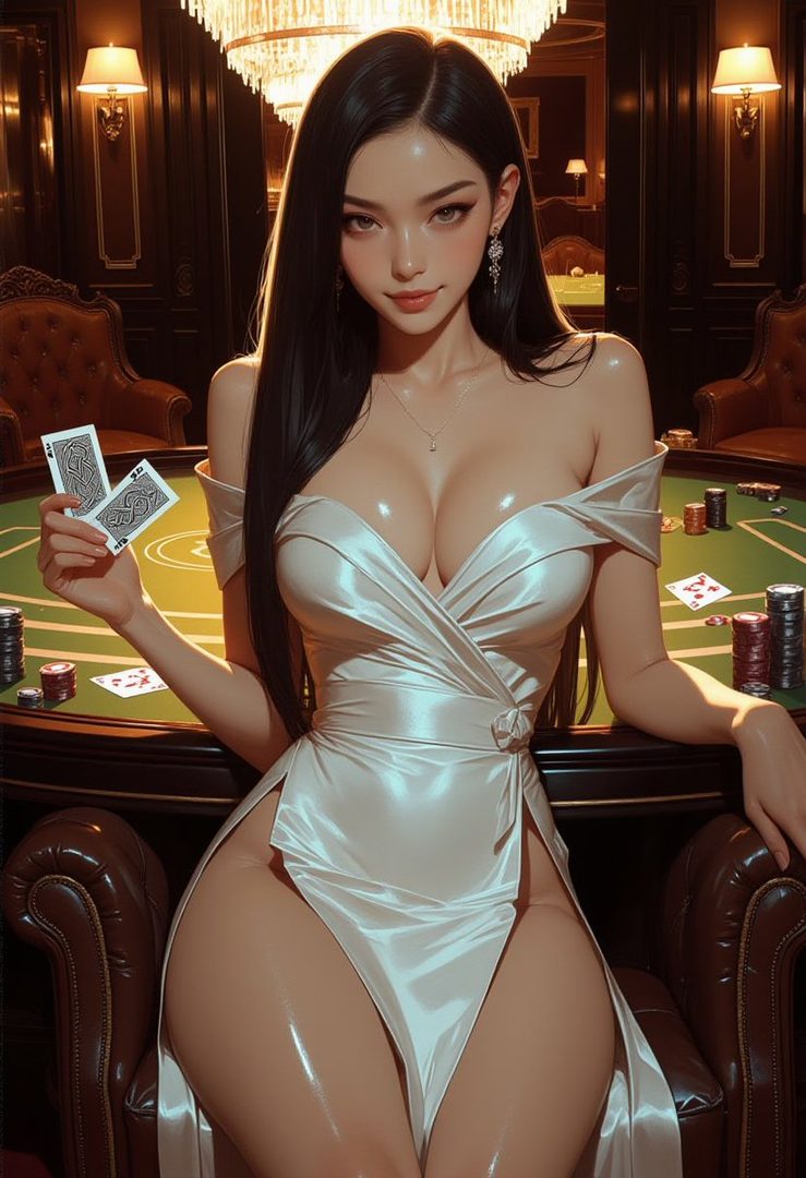 A beautiful AI-generated woman in a white satin dress sits at a poker table, holding cards.