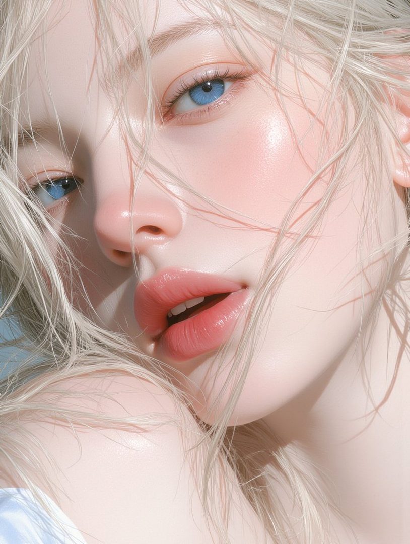 Close-up portrait of a beautiful AI-generated woman with striking blue eyes and blonde hair, soft lighting.