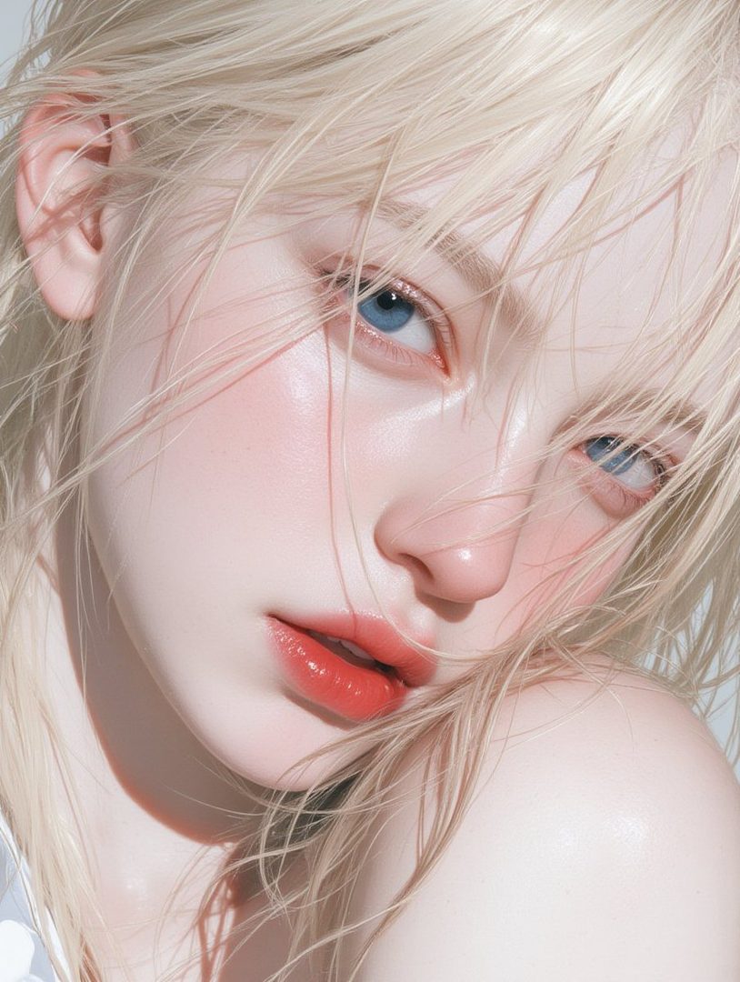 Close-up portrait of a young woman with striking blue eyes and platinum blonde hair, soft lighting.