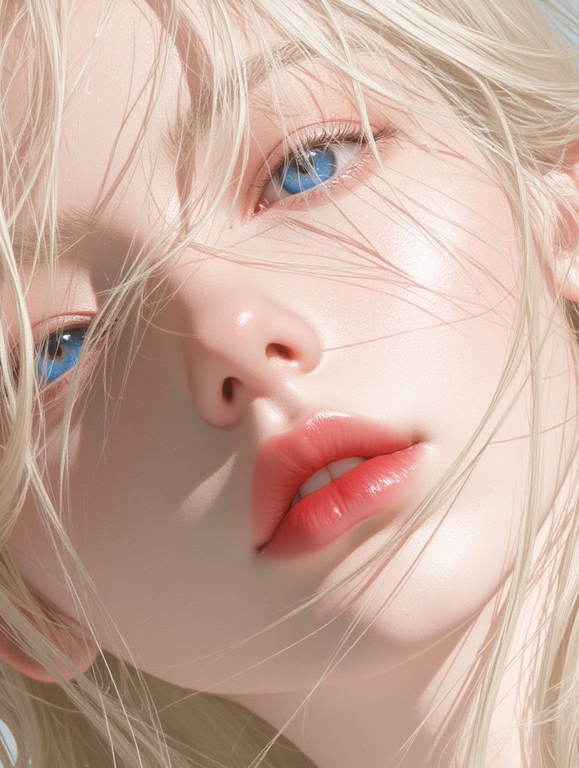 Close-up portrait of an AI-generated young woman with striking blue eyes and blonde hair, soft lighting.