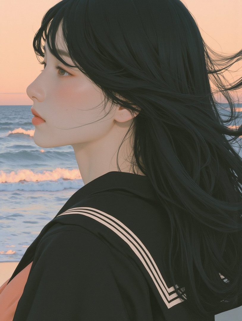 A profile portrait of a young woman with long black hair, wearing a sailor-style collar, standing on a beach at sunset.