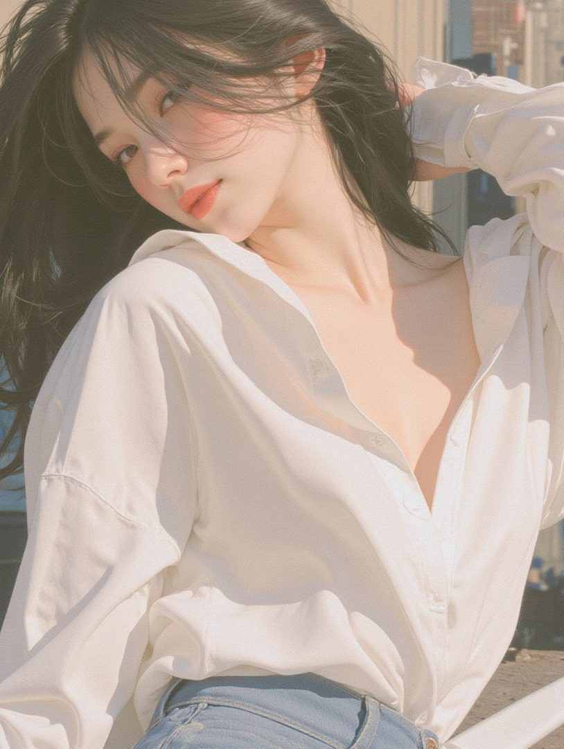 A young East Asian woman with long black hair, wearing a white unbuttoned shirt and jeans, posing outdoors with a soft, dreamy look.