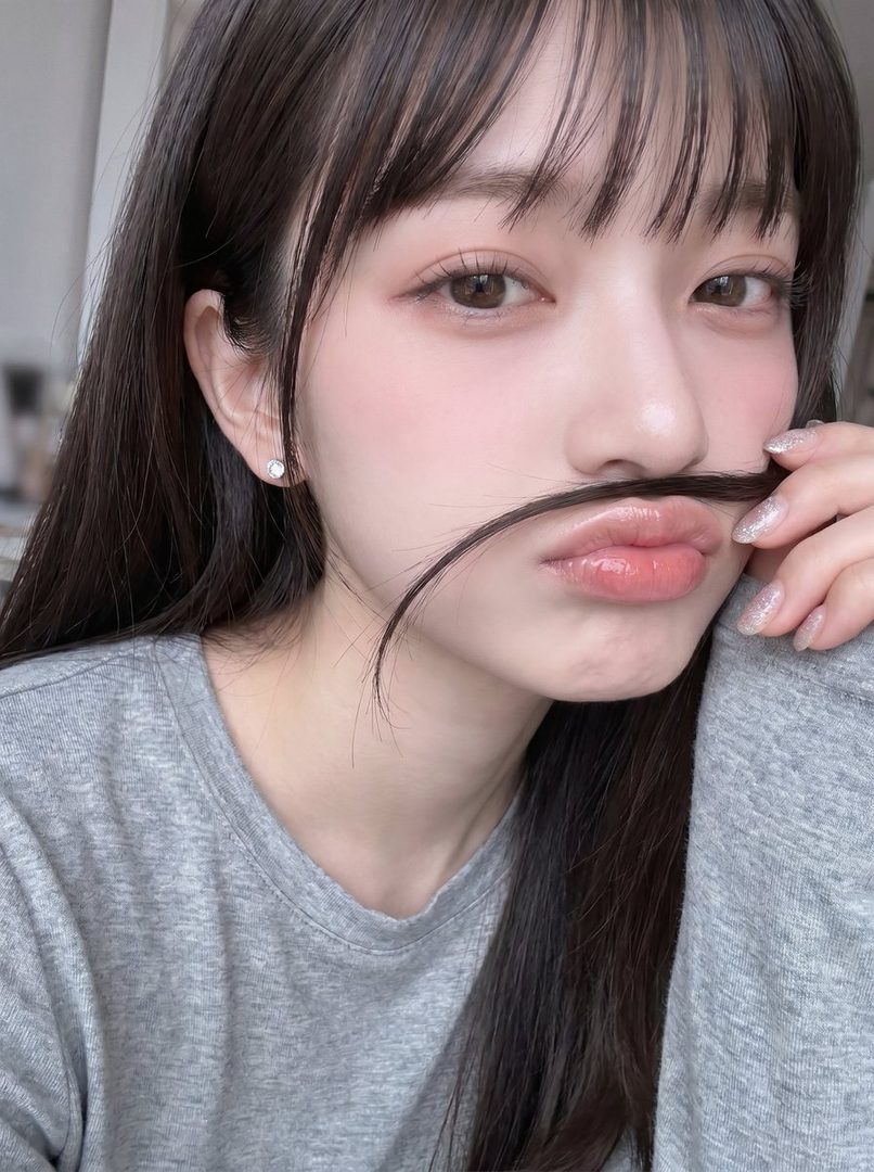 A young East Asian woman with long dark hair and bangs, wearing a grey t-shirt, poses for a selfie, playfully holding a strand of her hair under her nose like a mustache.