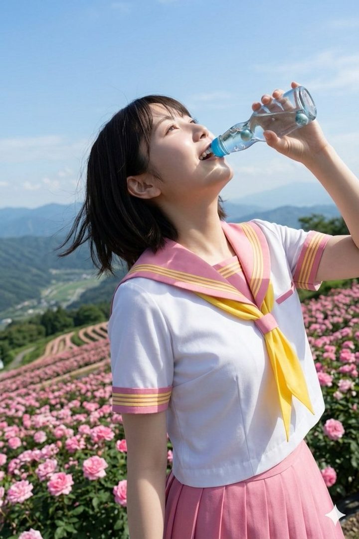 A young woman in a school uniform drinks from a Ramune bottle in a field of pink roses.