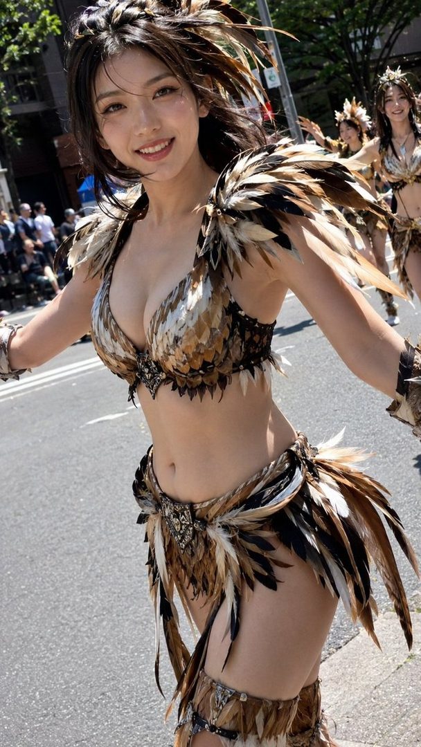 A woman in a feathered costume smiles while participating in a parade or festival.