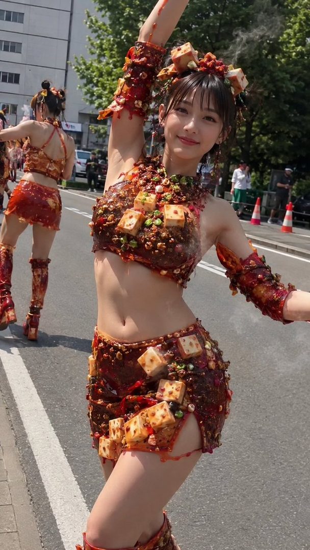 A young woman in a unique, food-themed outfit, possibly representing mapo tofu or curry, poses playfully on a street during a parade or event.