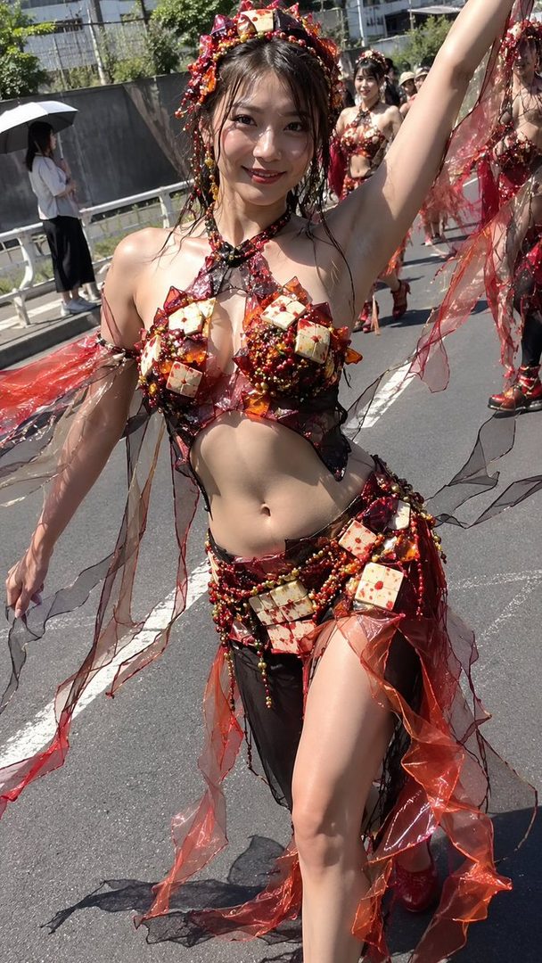 A woman in a vibrant, ornate costume with flowing red and black fabrics poses outdoors on a street.