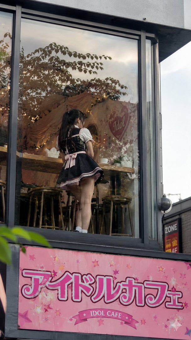 A young woman in an idol cafe uniform stands inside a cafe, looking out a large window.