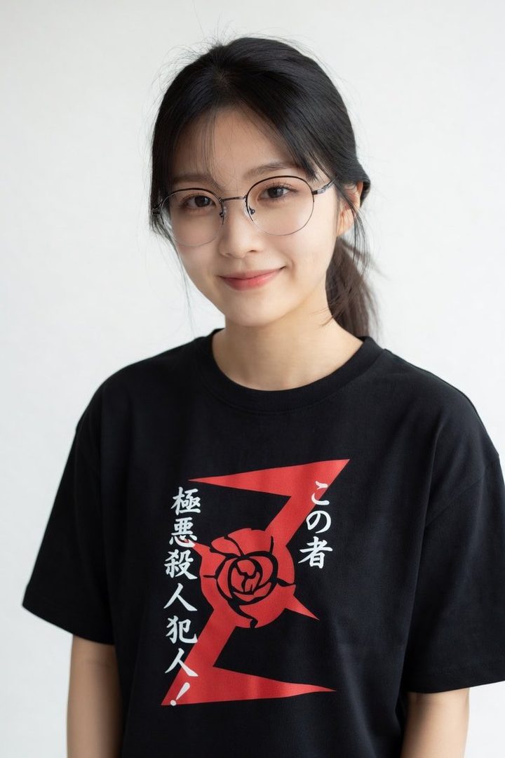 A young East Asian woman with black hair tied in a ponytail, wearing glasses and a black t-shirt with a red graphic and Japanese text, smiles gently at the camera in a studio setting.