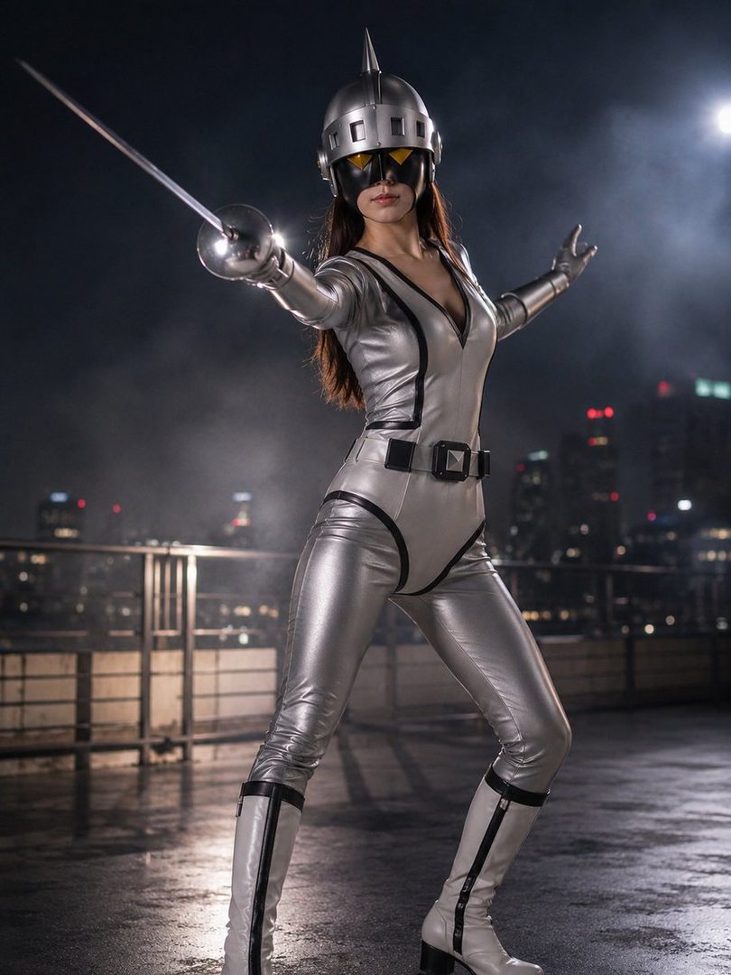A woman in a silver, futuristic costume with a helmet and mask, holding a sword, posing in a city at night.
