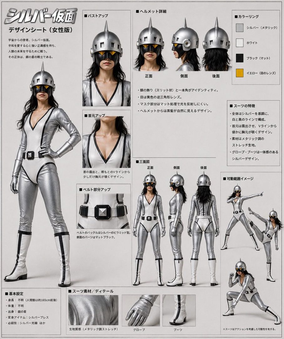 A woman in a silver and white futuristic costume, inspired by the character Silver Mask, posing in a studio setting. The costume features a helmet, a V-neck bodysuit, gloves, and boots.