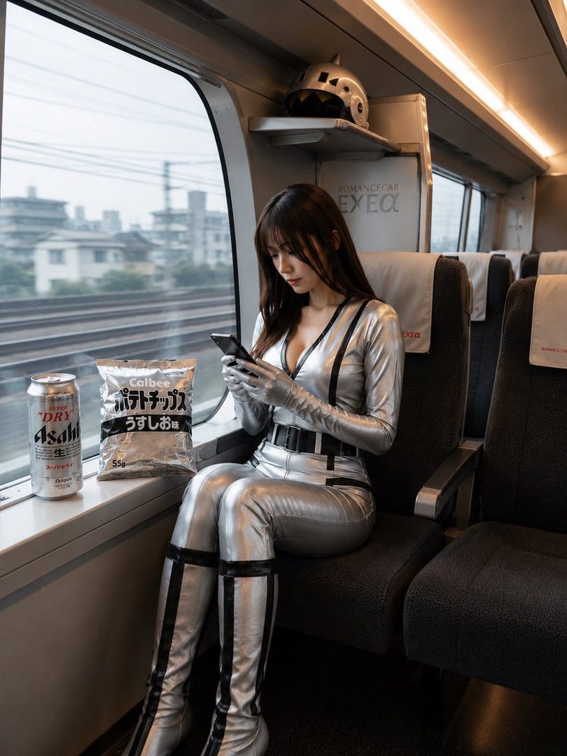 A woman in a silver, futuristic outfit sits on a train, looking at her phone, with a can of Asahi beer and a bag of Calbee potato chips beside her.