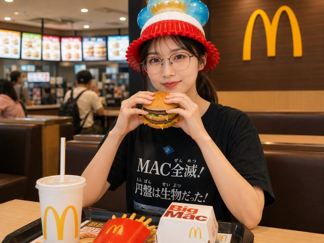 A young East Asian woman wearing a festive hat and glasses, holding a Big Mac burger and smiling at the camera in a McDonald's restaurant.