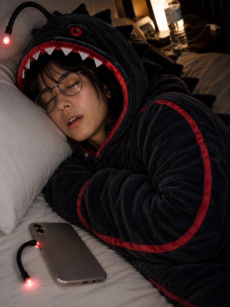A young woman wearing a dark monster-themed hooded onesie sleeps in bed, with glasses on and a phone charging nearby.