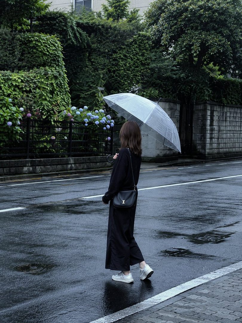 A person holding a clear umbrella walks on a wet street, wearing a black outfit and white sneakers.