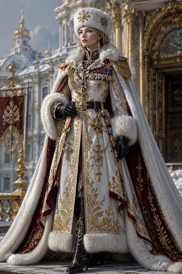 A regal woman in an ornate white and gold military-style coat with fur trim and a matching fur hat stands in front of a grand, snow-covered palace.