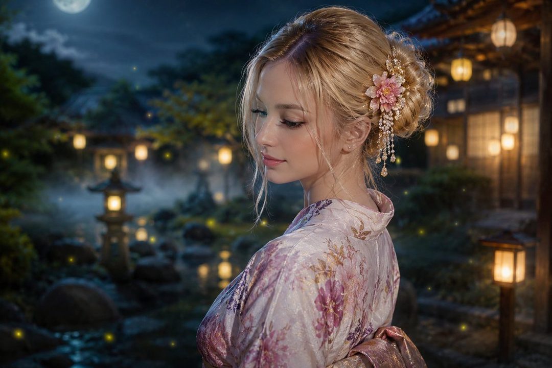 A beautiful woman with blonde hair styled up, wearing a floral kimono, posing in a Japanese garden at night with lanterns and a full moon.