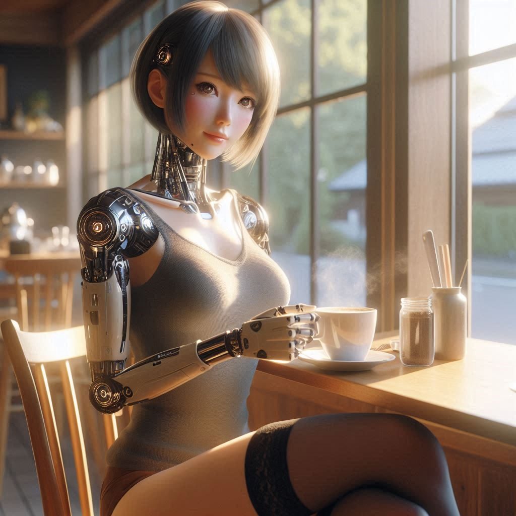 A photorealistic portrait of a young woman with robotic arms, holding a cup of coffee by a window.