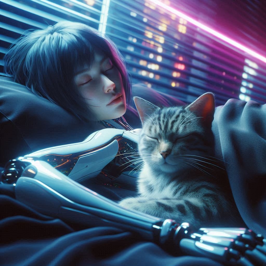 A person with short black hair sleeps peacefully with a cat on their lap, featuring a futuristic robotic arm and a neon-lit cityscape in the background.