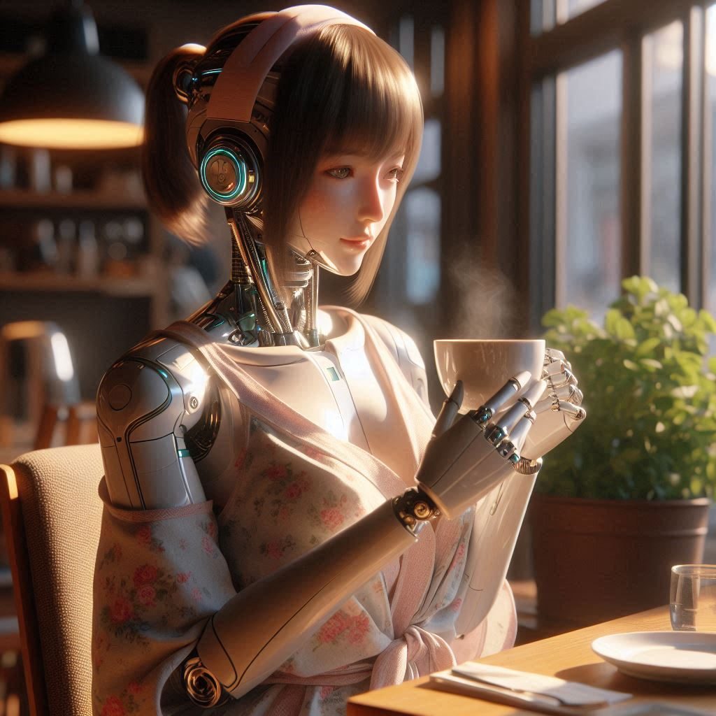 A photorealistic AI portrait of a beautiful young woman with robotic parts, holding a cup of steaming coffee in a cafe.