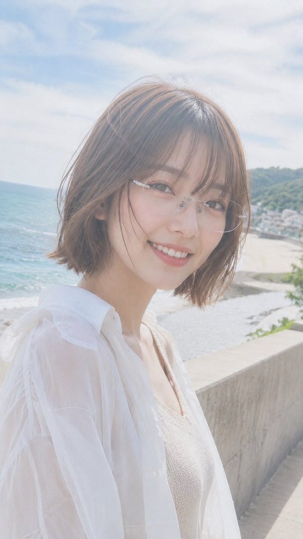 A young East Asian woman with short brown hair and glasses smiles gently, wearing a sheer white shirt over a beige top, with a beach and town in the background under a bright sky.