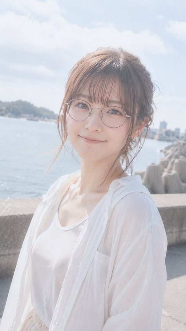 A young East Asian woman with brown hair and bangs, wearing glasses and a white casual outfit, smiles gently outdoors by the sea.