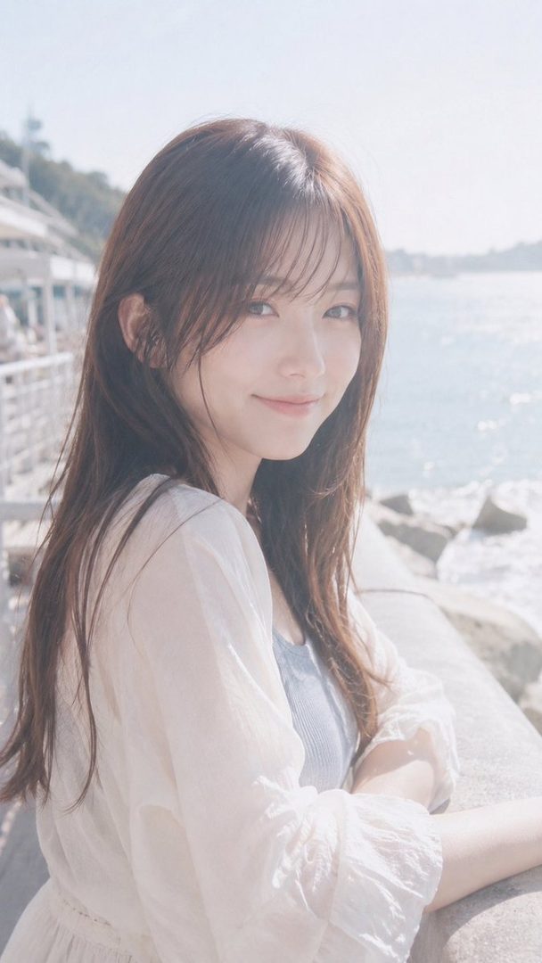 A young woman with long brown hair and bangs smiles gently at the camera, wearing a light white cardigan over a blue top, with the ocean and rocks in the background.