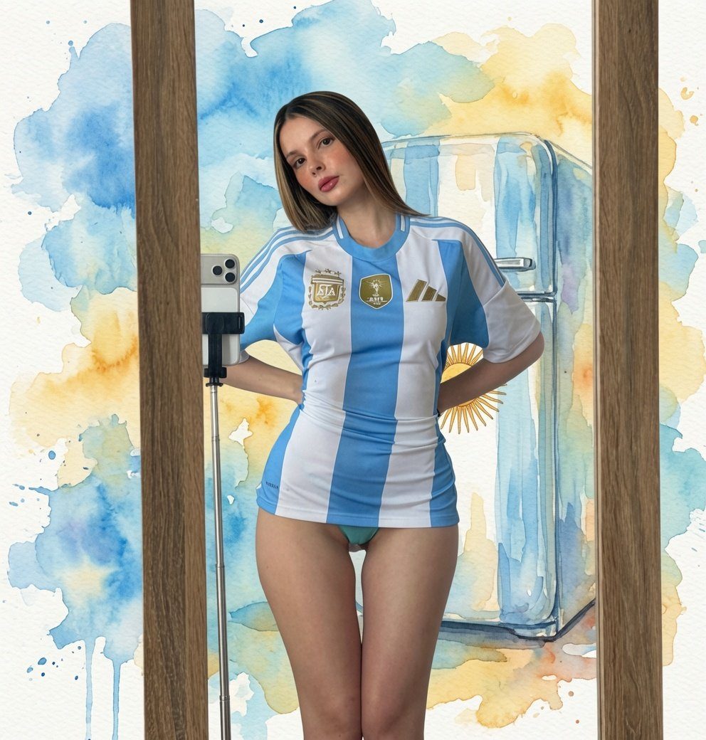 A young woman in an Argentina soccer jersey and bikini bottoms poses in front of a mirror with a watercolor background.