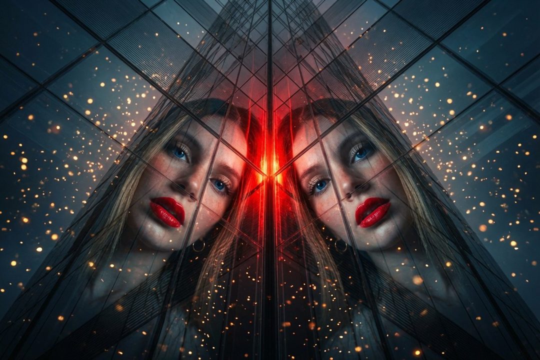 A digitally mirrored portrait of a young woman with blonde hair, blue eyes, and red lipstick, set against a backdrop of a modern city building at night with bokeh lights.