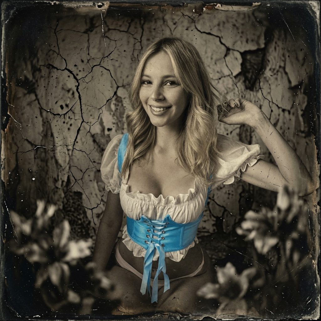 A woman in a blue corset and white blouse poses against a cracked wall with blurred flowers in the foreground, in an old tintype style.
