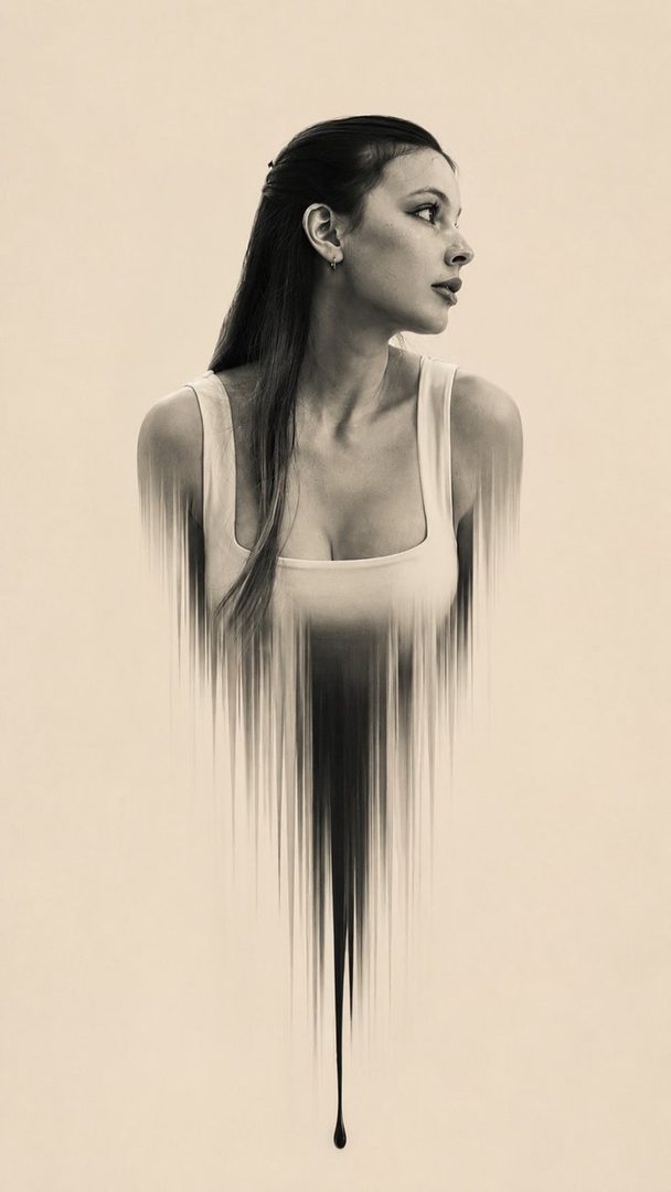A sepia-toned portrait of a woman with long dark hair, looking to the side, with a dripping effect on her lower body.