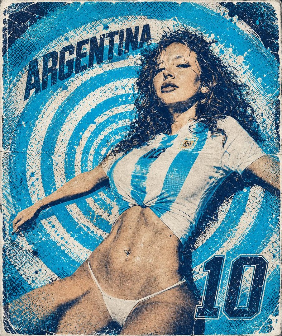 A woman in an Argentina jersey and bikini bottoms poses suggestively against a blue and white grunge background.