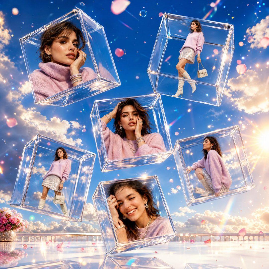 A collage of five AI-generated portraits of a young woman in pink knitwear and a sparkling skirt, displayed within floating glass cubes against a dreamy sky background.