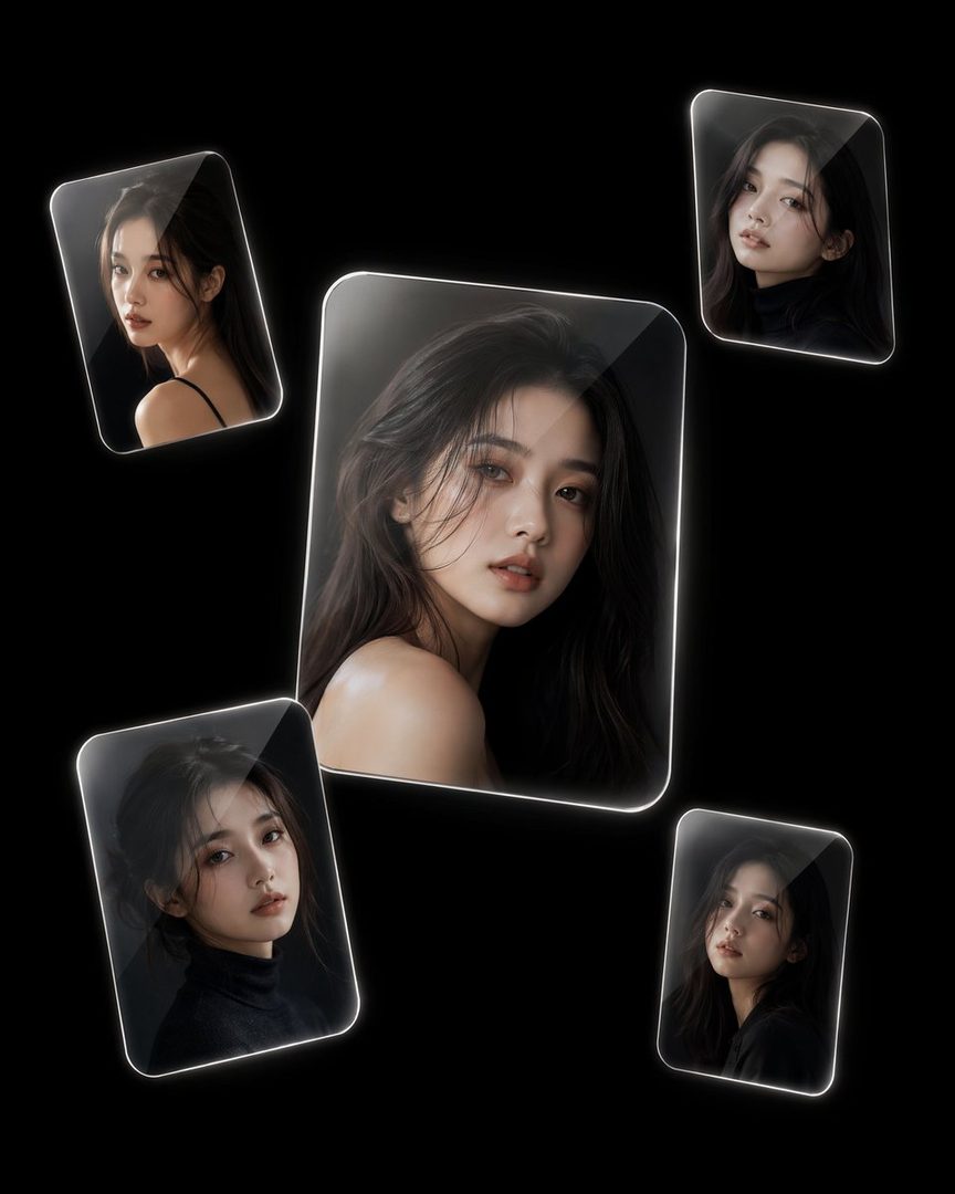 Collage of AI-generated portraits of a young East Asian woman with long dark hair, showcasing different poses and expressions in a studio setting.