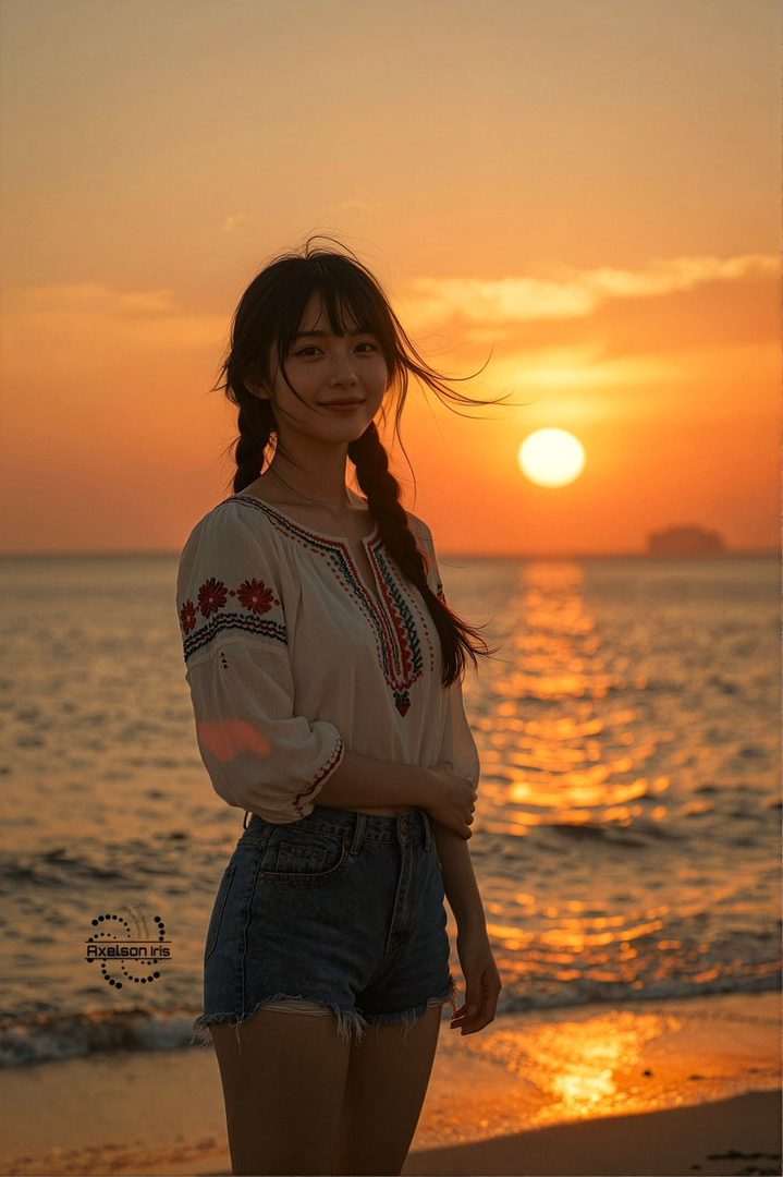 A young woman with braided hair smiles at the camera on a beach at sunset.