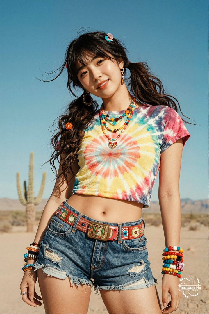 A young woman with dark hair in pigtails, wearing a tie-dye crop top and denim shorts, poses outdoors in a desert landscape.