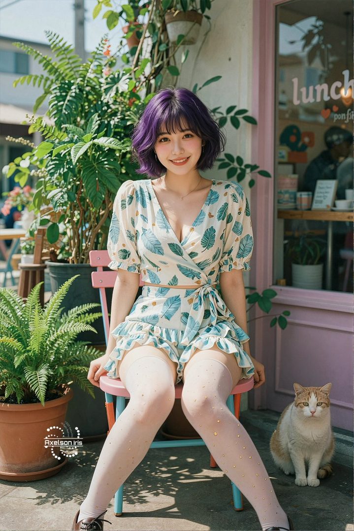 A young woman with short purple hair and a leaf-patterned outfit sits on a pink chair outdoors, smiling at the camera. A cat sits beside her.
