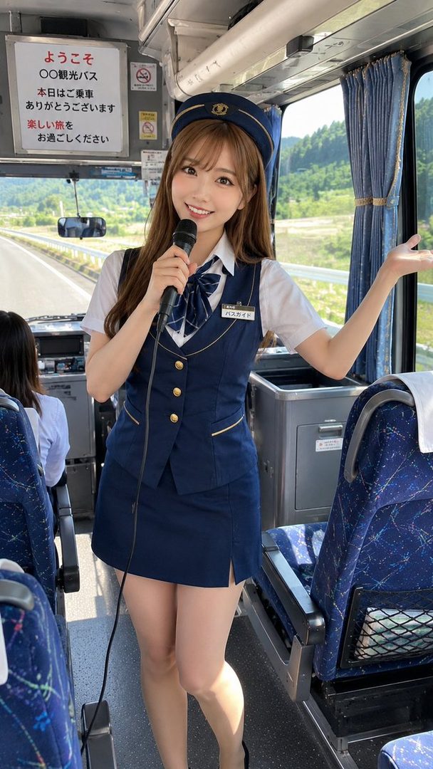A smiling female bus guide in a navy uniform holding a microphone inside a tour bus.