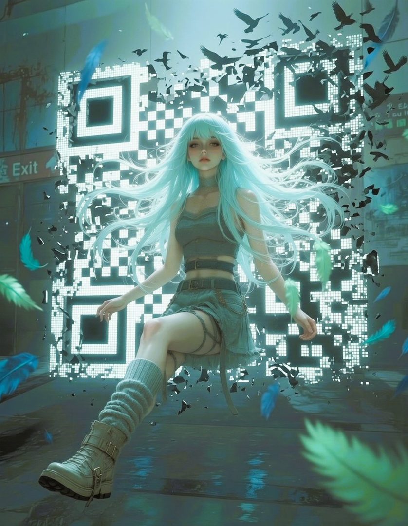 A young woman with long, flowing blue hair floats in front of a giant, glowing QR code, surrounded by flying birds and feathers.