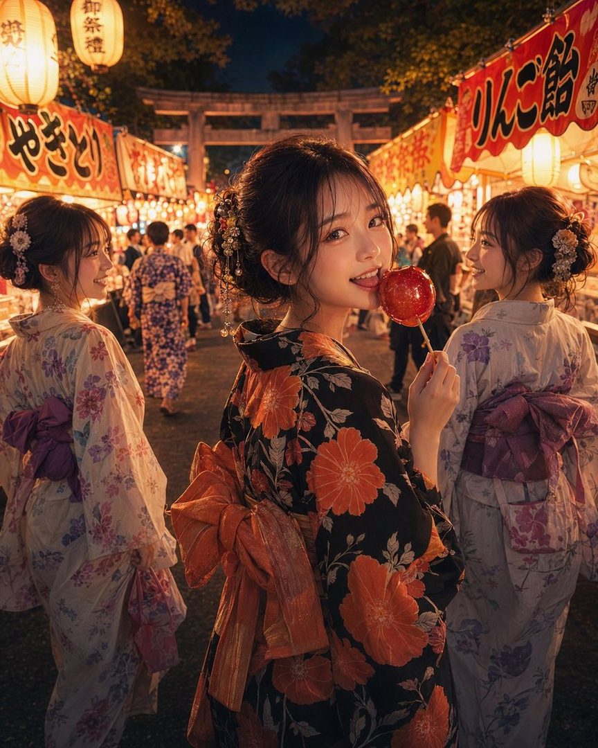 Three young women in traditional Japanese kimonos walk through a lively night market, with one woman playfully holding a candy apple.