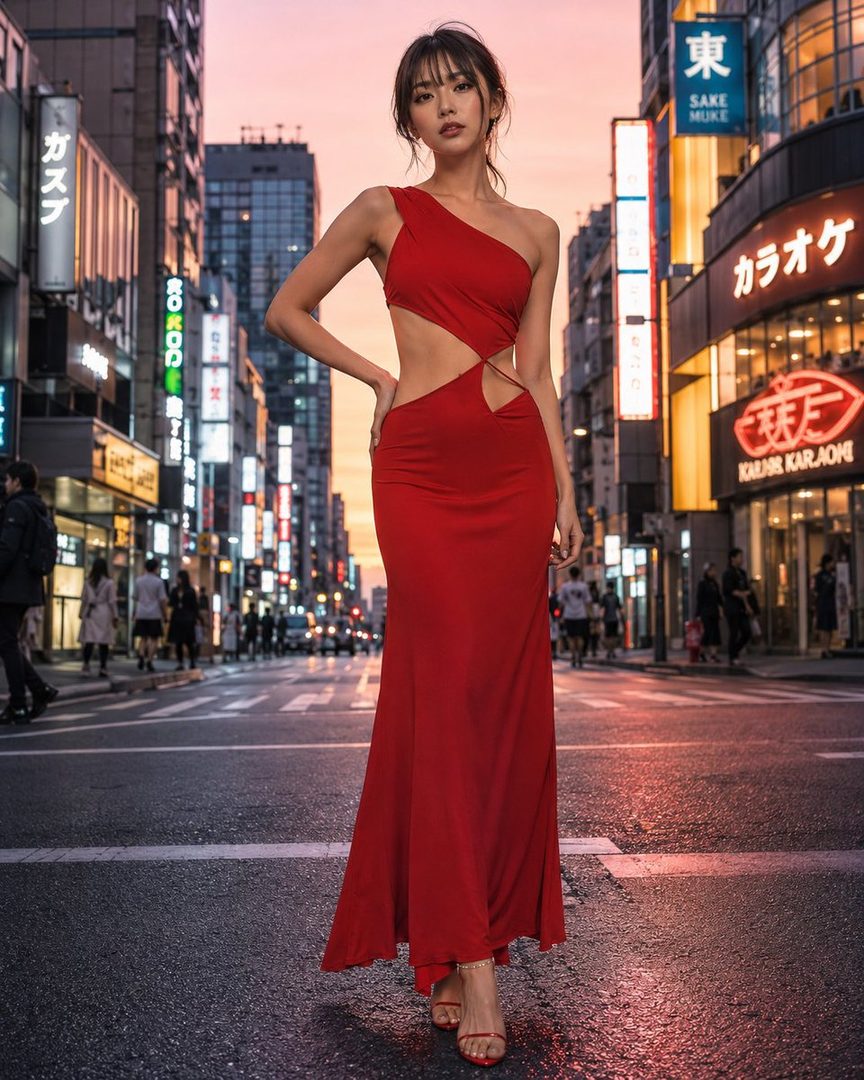 A woman in a red dress stands on a city street at night.