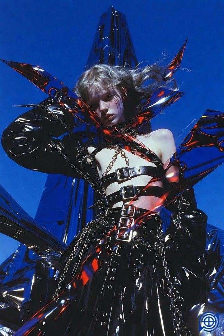 A person with blonde hair wearing a black, strappy, futuristic outfit with chains and buckles, posing against a bright blue sky with a metallic blue structure in the background.