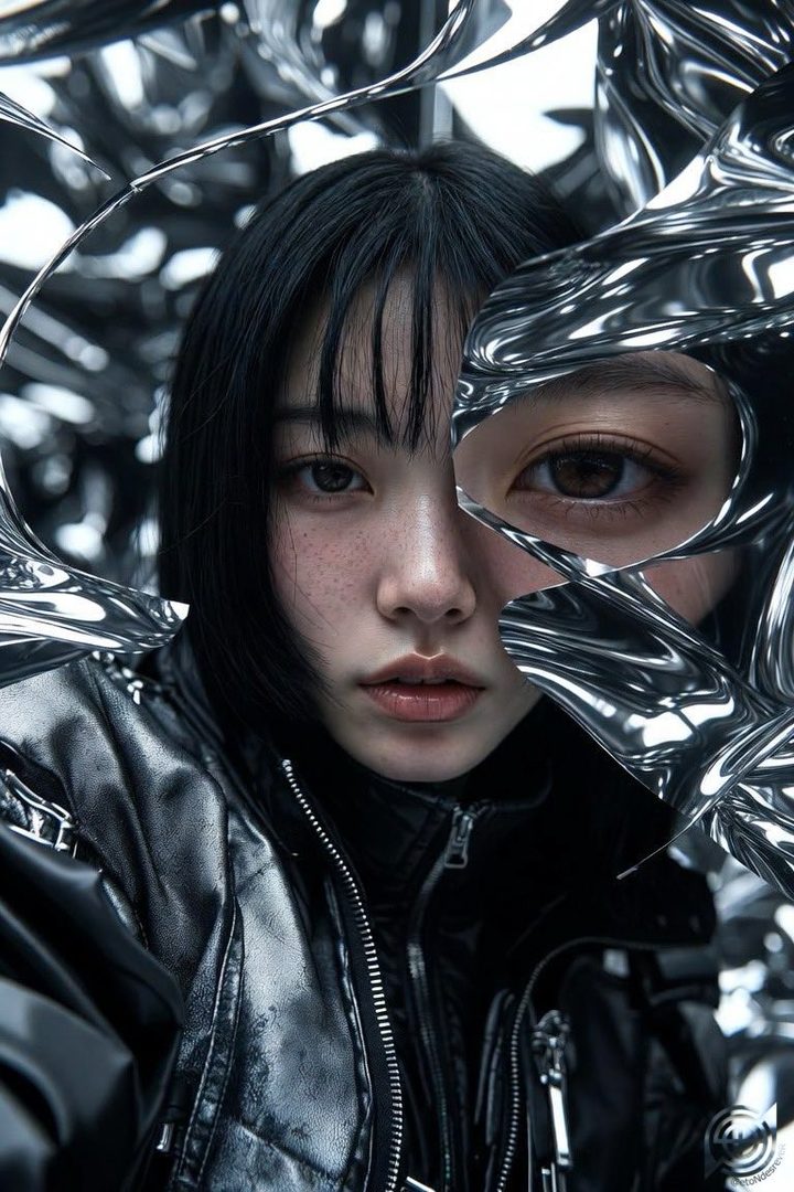 A close-up portrait of a young East Asian woman with black hair and bangs, wearing a black leather jacket, framed by abstract metallic shapes.