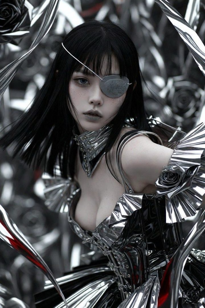 A striking AI-generated portrait of a young woman with black hair, wearing a metallic, gothic-inspired outfit and an eyepatch, with a dark, abstract background.
