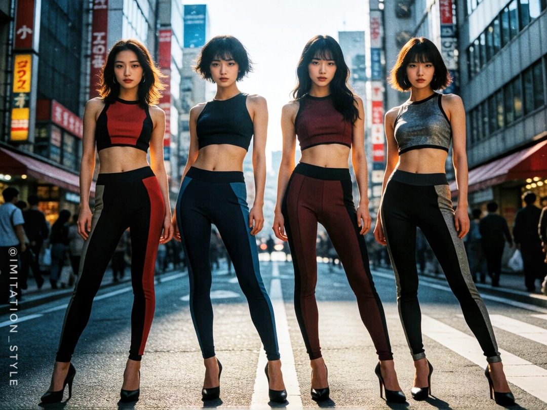 Four East Asian women in matching athletic outfits and high heels pose on a city street.