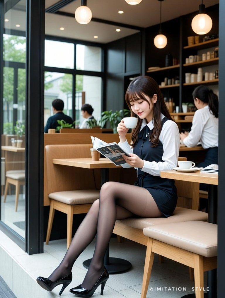 A young woman with long dark hair sits in a cafe, holding a cup of coffee and reading a magazine. She is wearing a white blouse, a dark skirt, black pantyhose, and high heels.